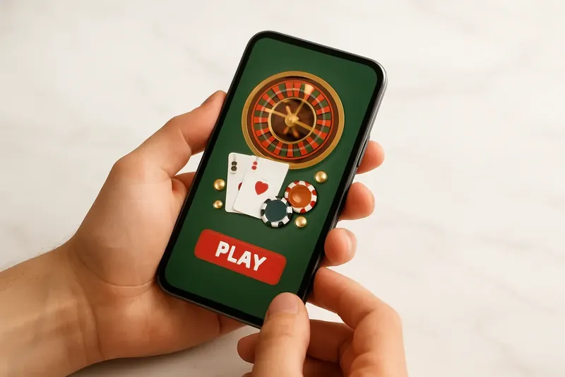 Close-up hands holding smartphone with casino app on marble surface
