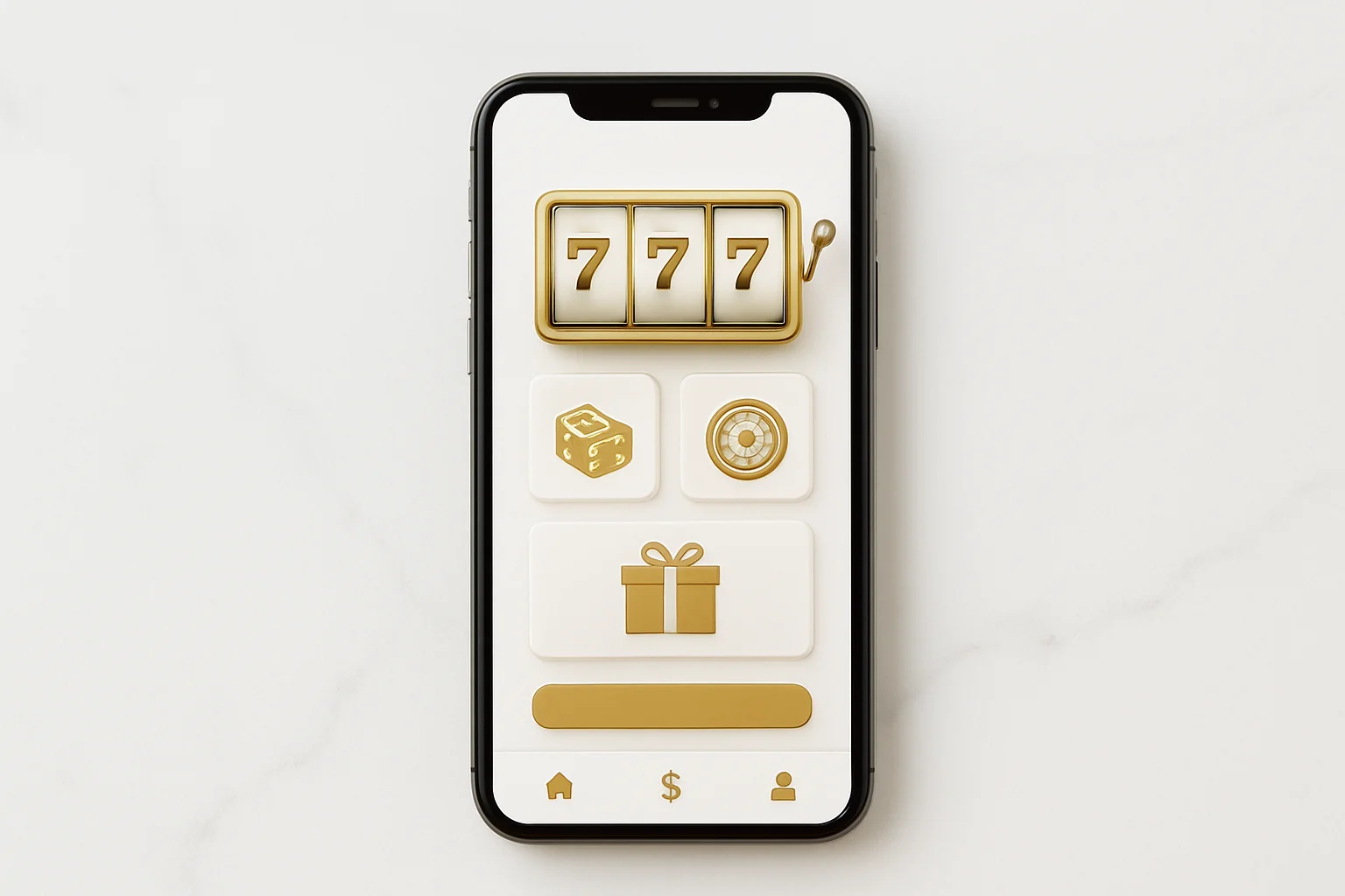 Modern smartphone displaying sleek casino app games and bonuses on white background