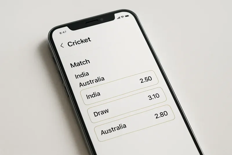 Modern sports betting phone interface showing cricket match odds in white and gold