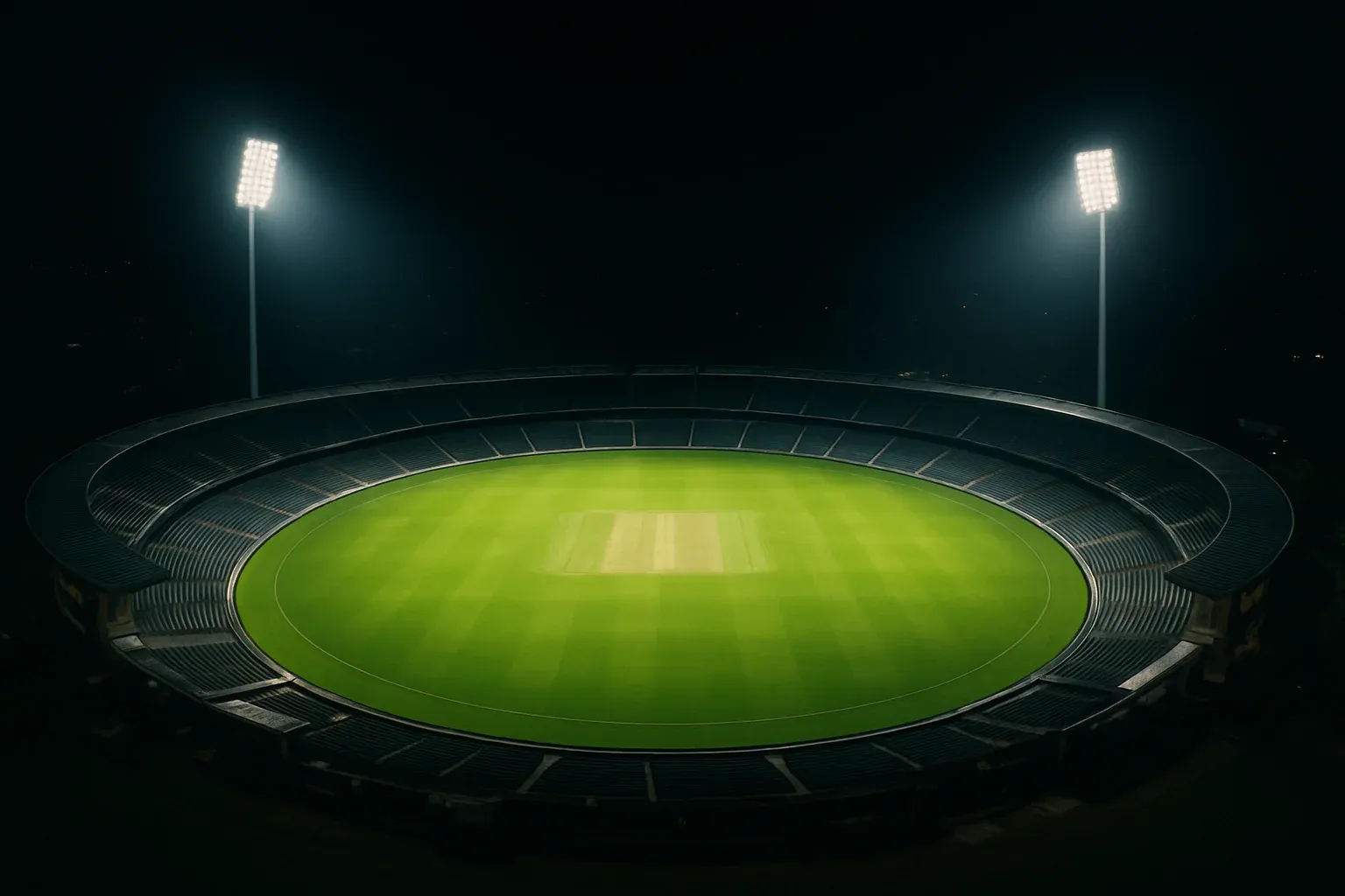 Aerial night view of cricket stadium with floodlights and vibrant green pitch