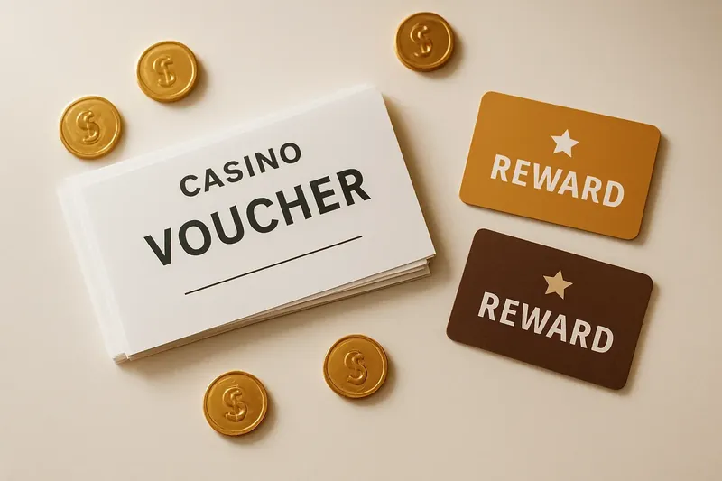 Stack of casino bonus vouchers and reward cards with scattered gold coins