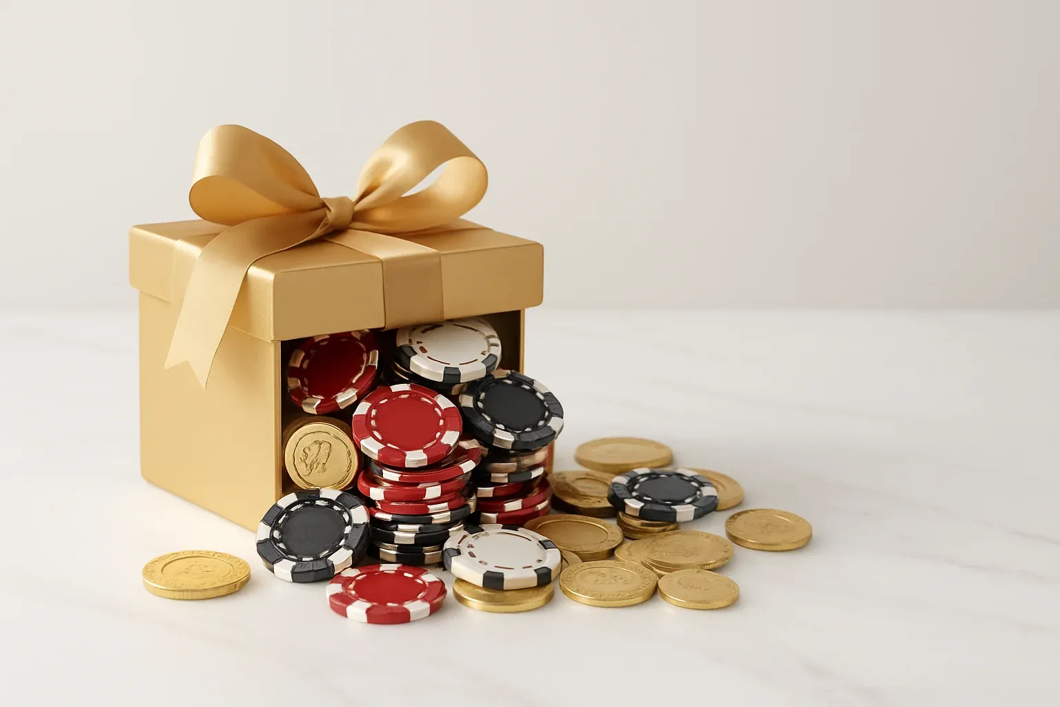 Golden gift box overflowing with poker chips and gold coins