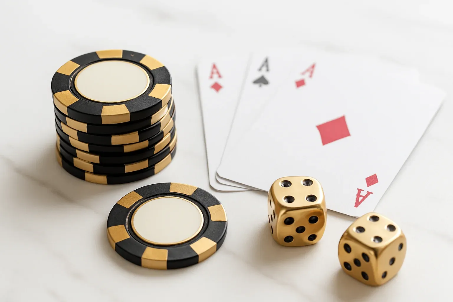 Elegant casino chips, cards and dice on white marble with gold accents
