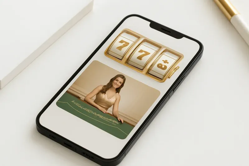 Mobile phone displaying casino app with slots and live games