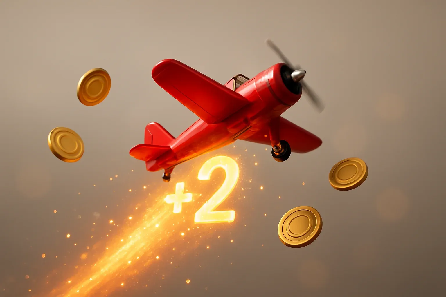 Red airplane climbing with glowing multiplier trail, coins, sparks, neon accents