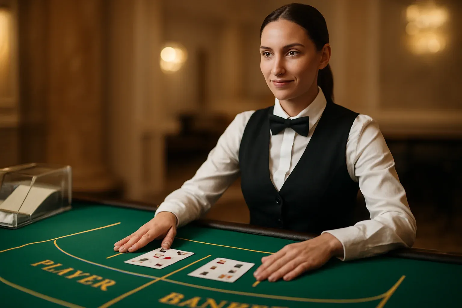 Professional female dealer at elegant live baccarat table with green felt
