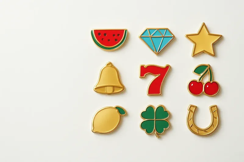 Assorted slot game icons with fruit, diamonds, lucky 7s, and stars