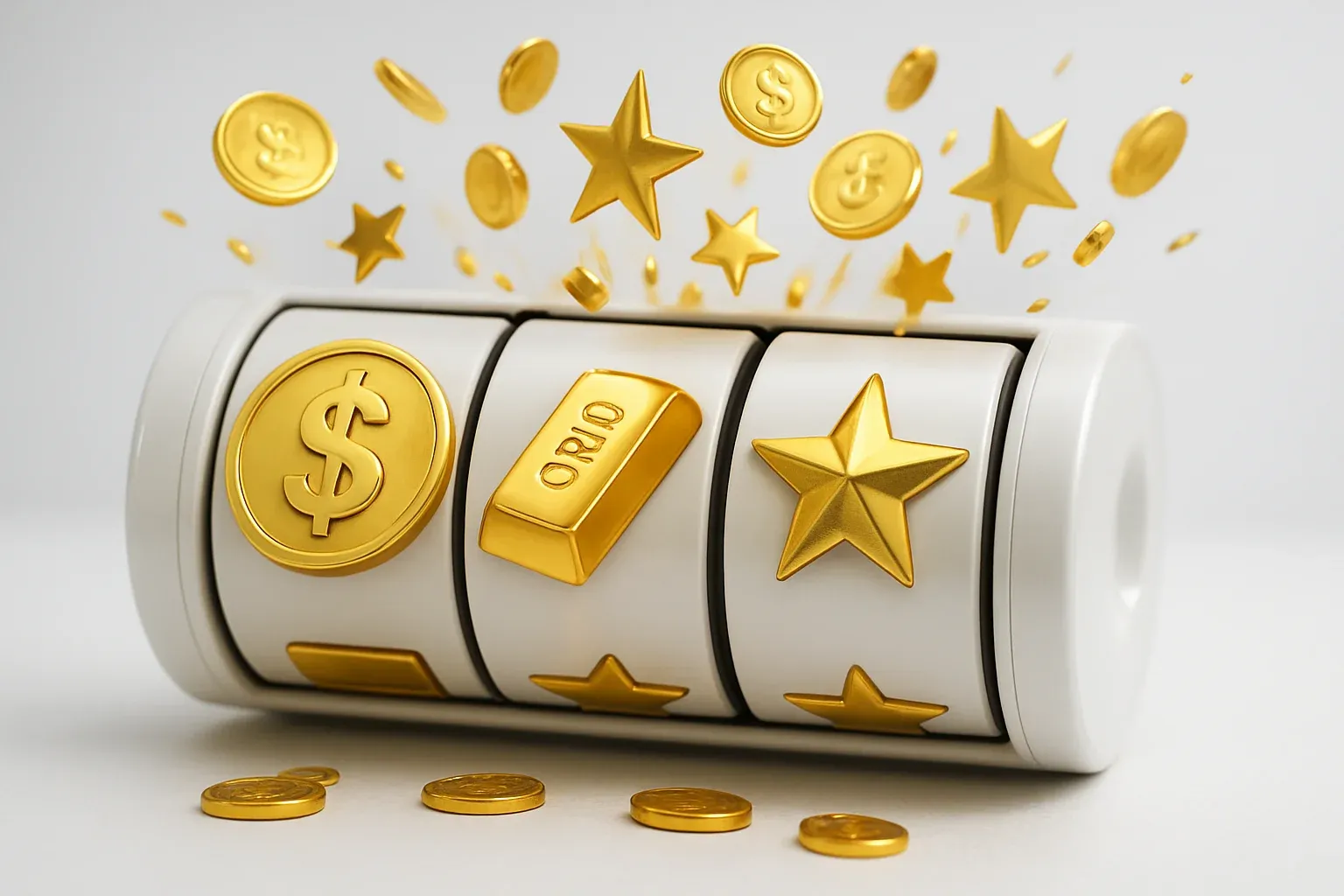 Colorful casino slot reels with gold symbols, coins, and stars bursting